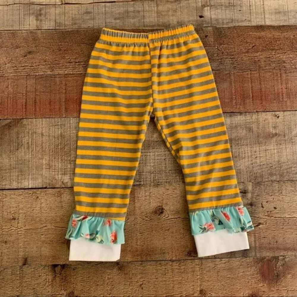 Conice Nini Grey And Yellow Striped Floral Print Ruffle Bottom Pants Size XS